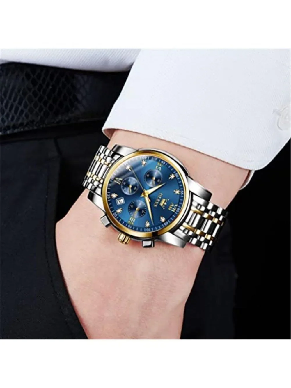 Men's Stainless Steel Chronograph Watch, Big Face Gold Silver Black Tone